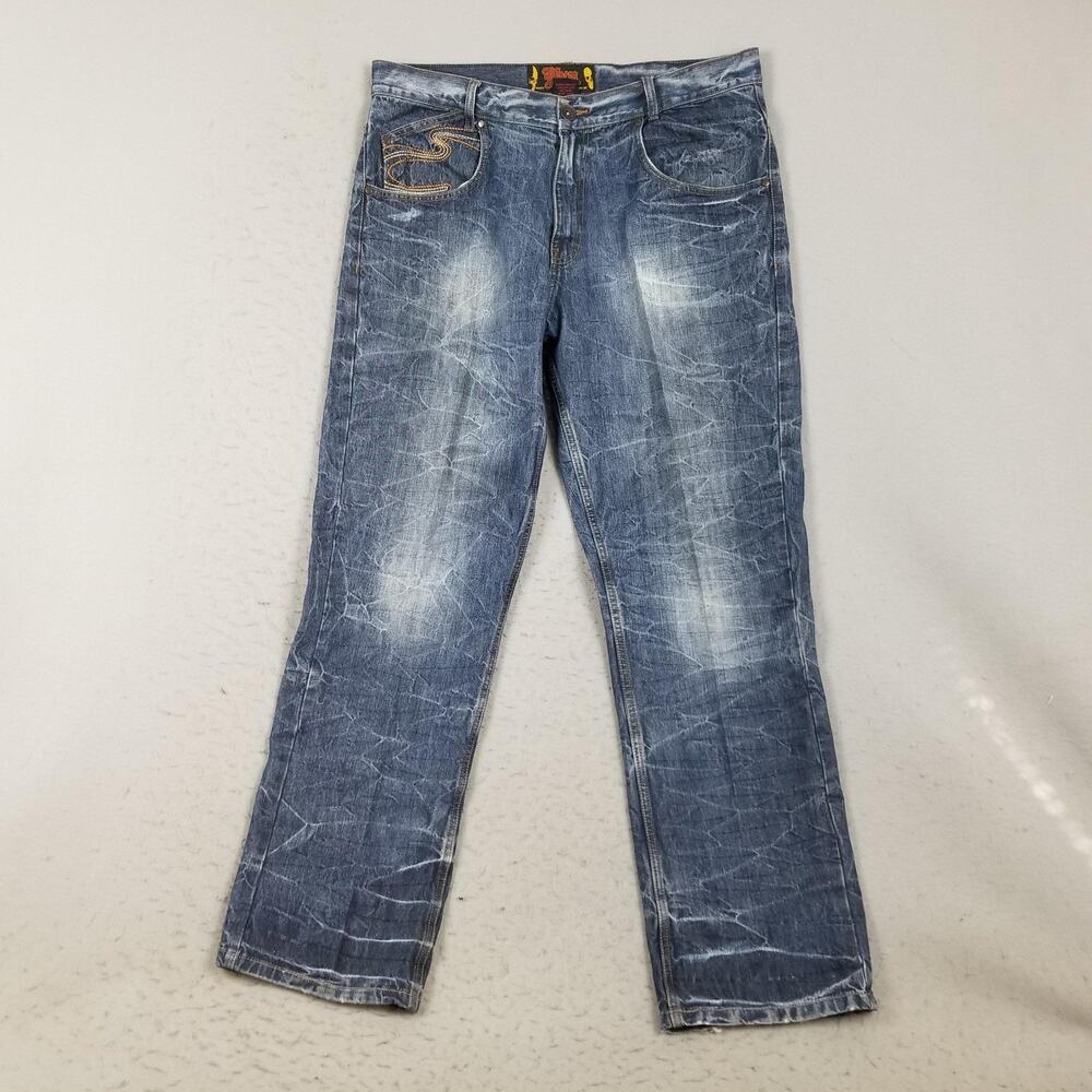 Mecca Jeans Mens 38x32 Blue Straight Leg Crinkle Wash Embroidered Pockets Denim
